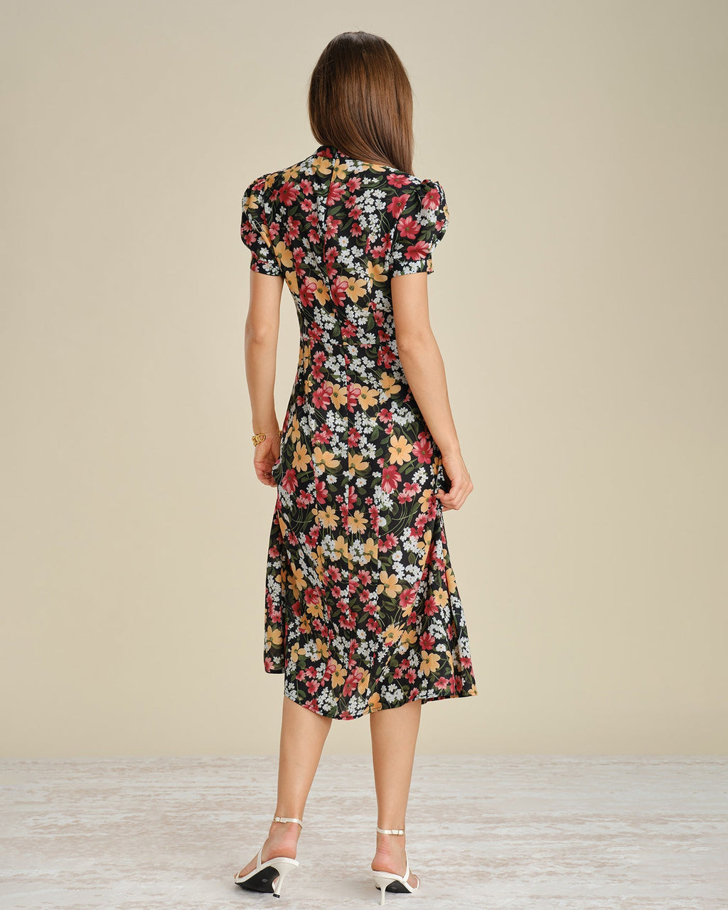 Black Turtle Puffed Sleeve Floral Midi Dress