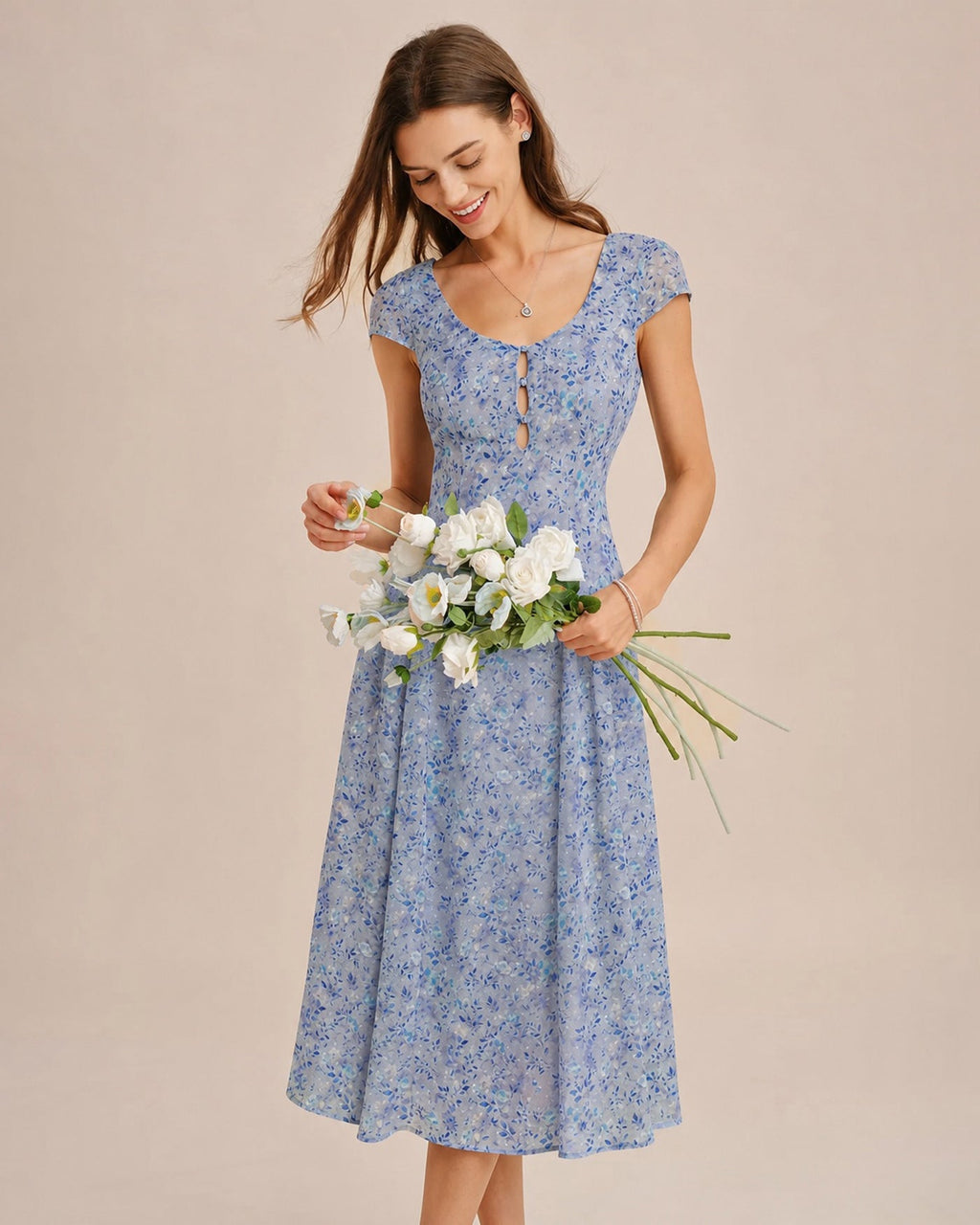 Blue U Neck Button Floral Midi Dress
