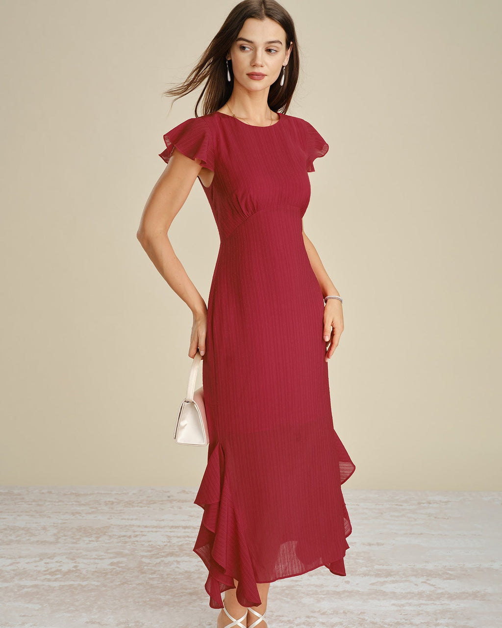 Red Solid Boat Neck Ruffle Midi Dress