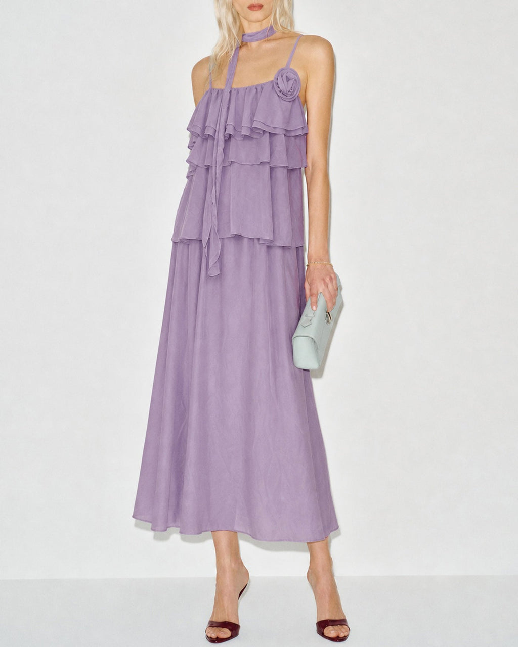 Purple Flowers Ruffle Slip Midi Dress