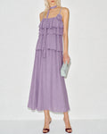 Purple Flowers Ruffle Slip Midi Dress