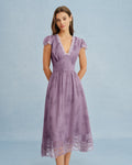 Purple V Neck Lace Splicing Midi Dress
