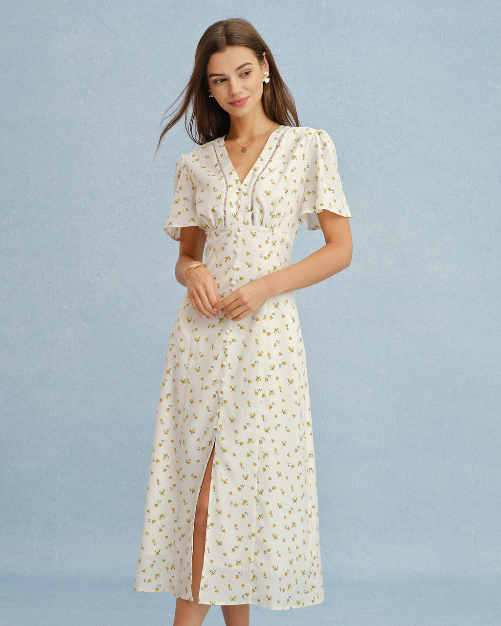 Yellow V Neck Floral Slit Midi Dress