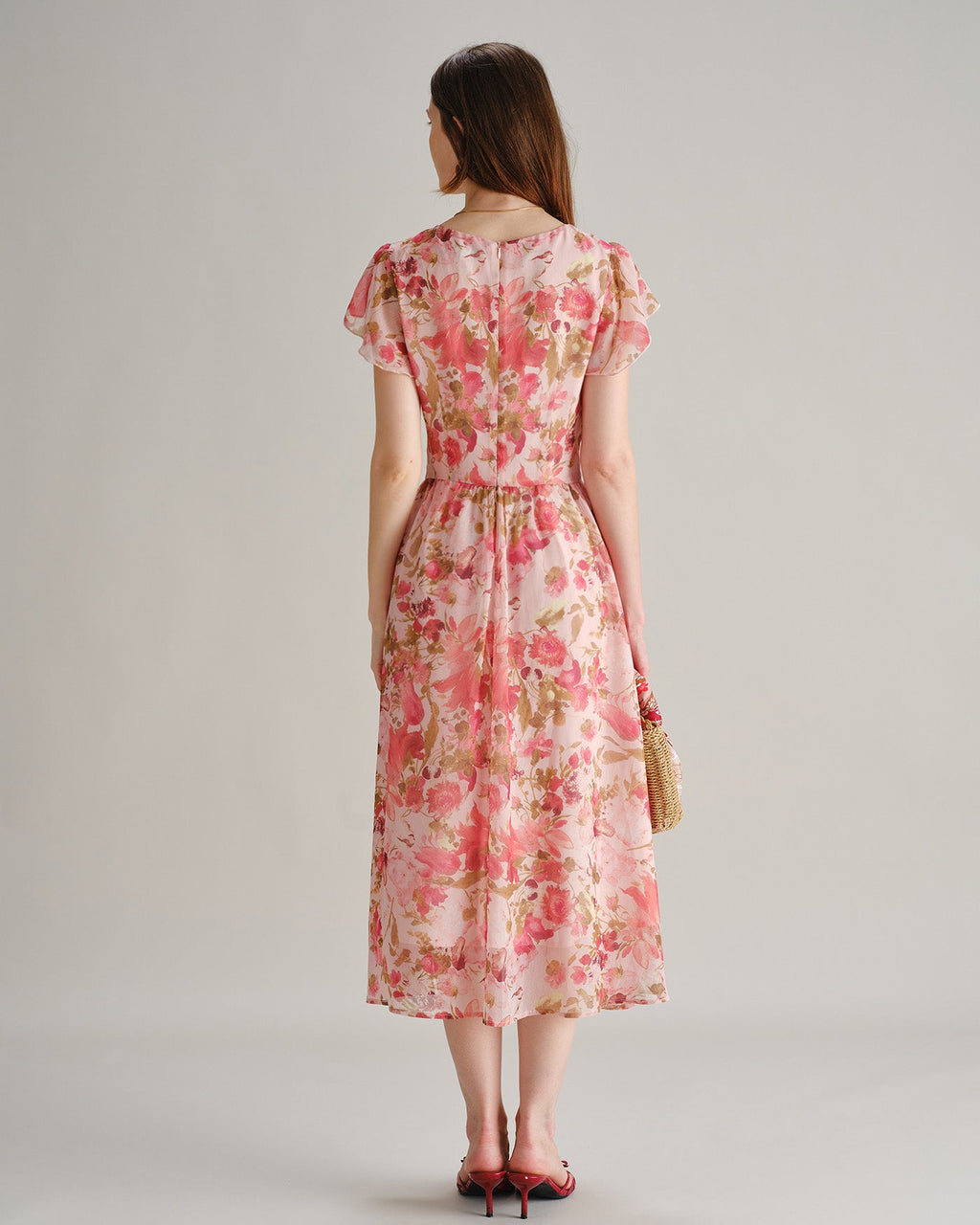 Pink V Neck Floral Chiffon Midi Dress