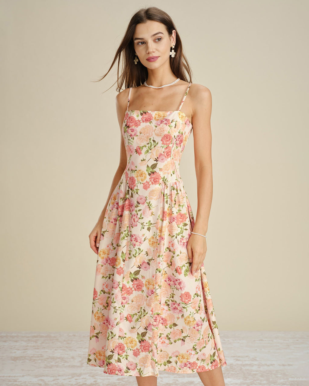 Floral Ruched Slip A-Line Midi Dress