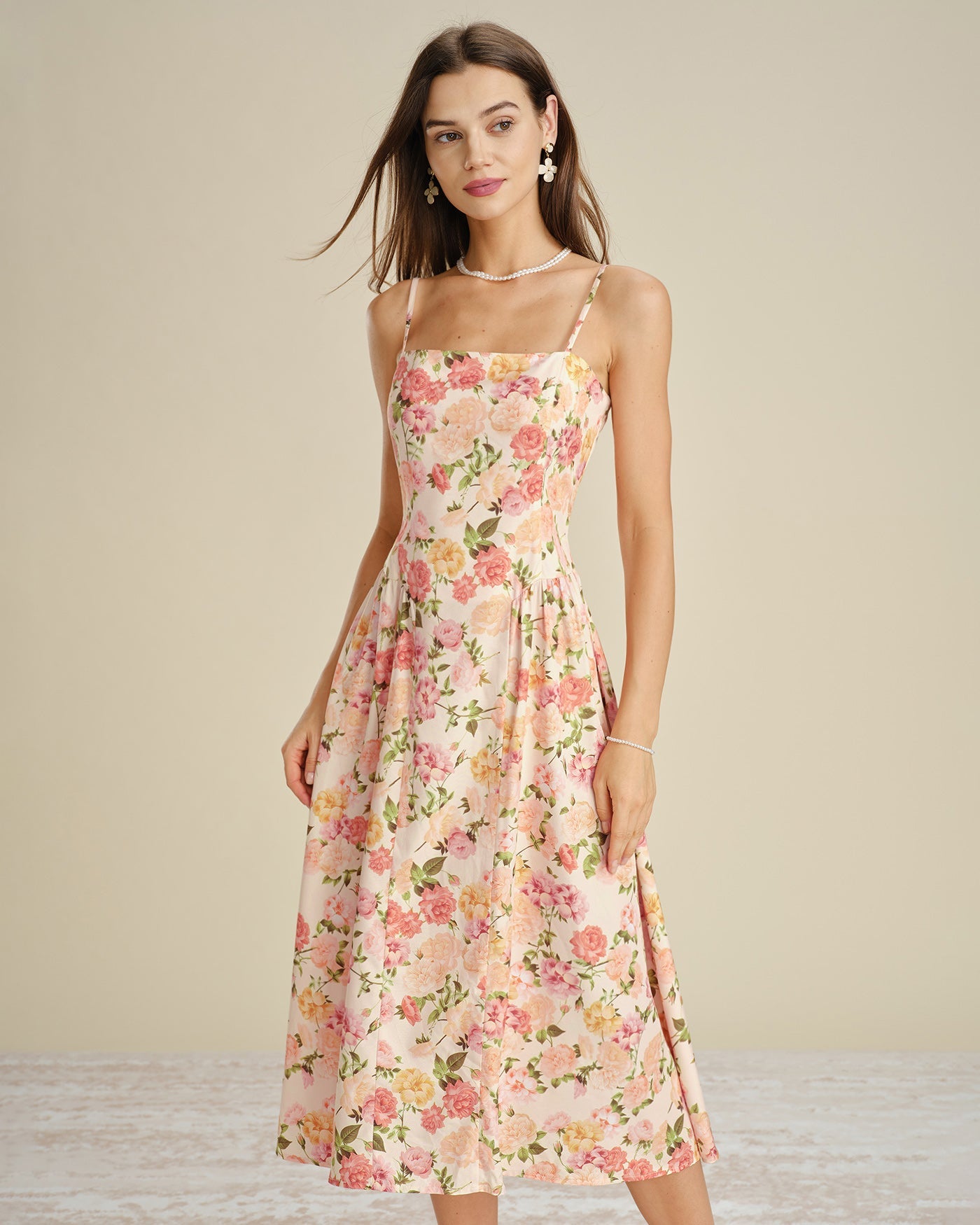 Floral Ruched Slip A-Line Midi Dress