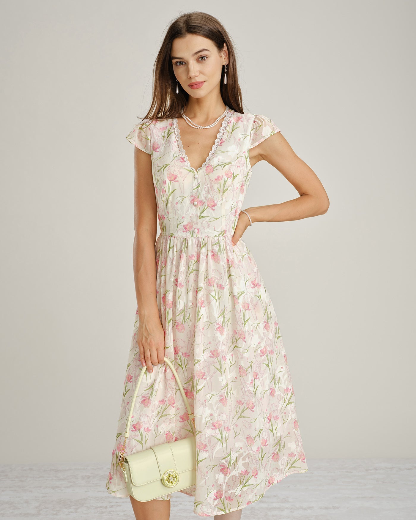 Pink V Neck Lace Floral Midi Dress