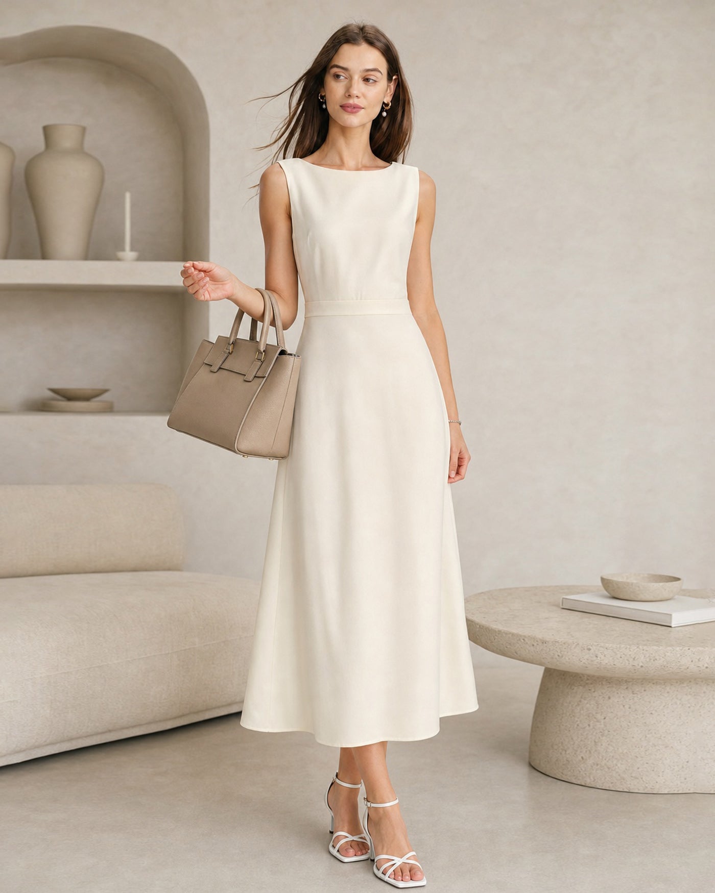 Apricot Boat Neck Pearl Satin Midi Dress