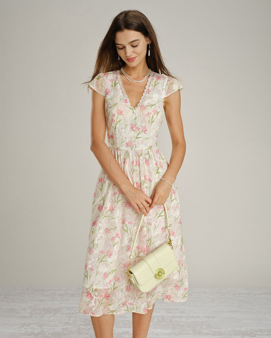 Pink V Neck Lace Floral Midi Dress