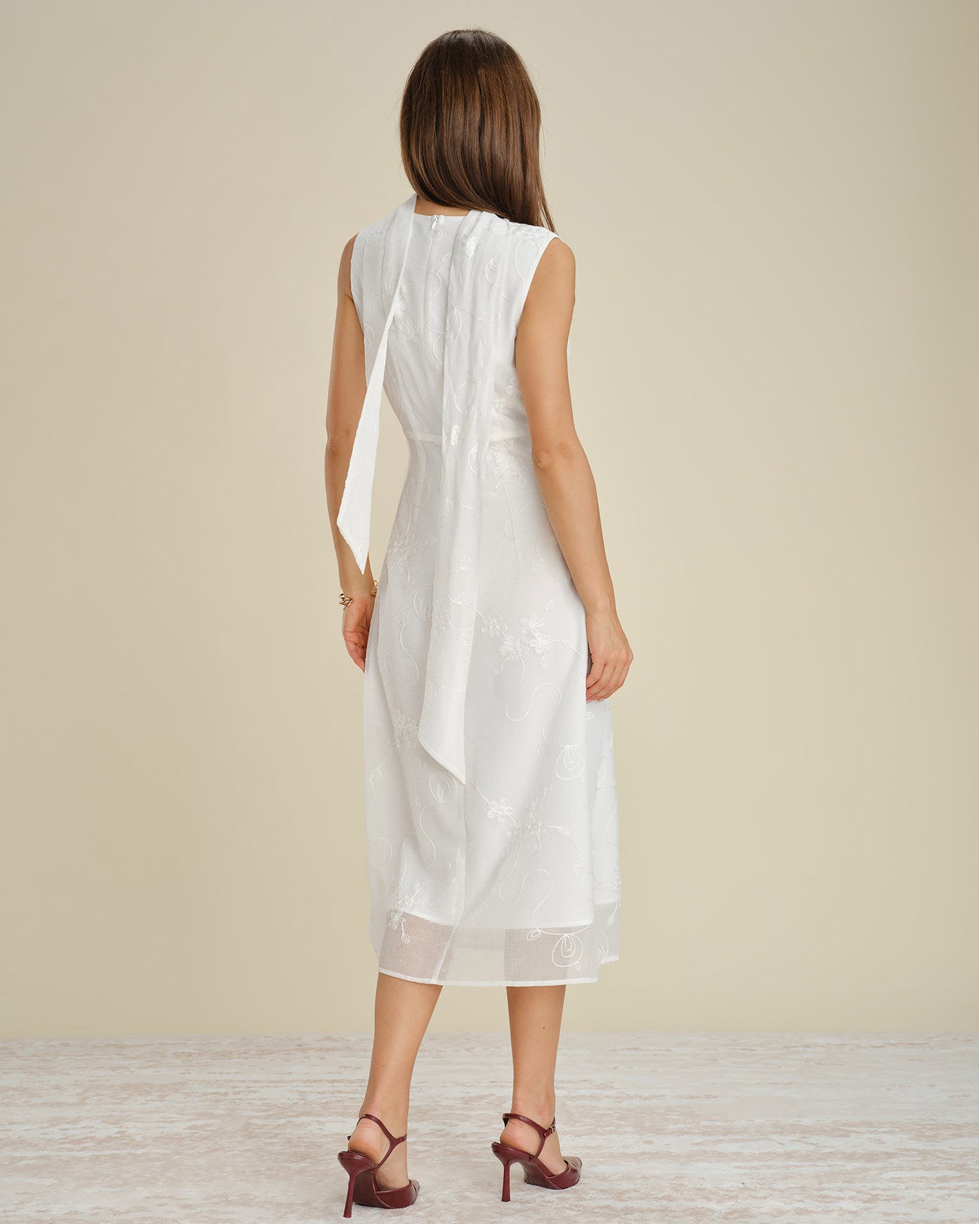 White V Neck Floral Embroidery Midi Dress