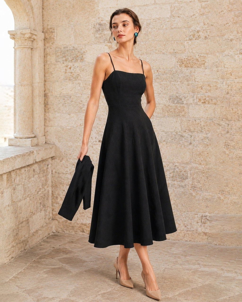 Black Square Neck Sleeveless Button Midi Dress