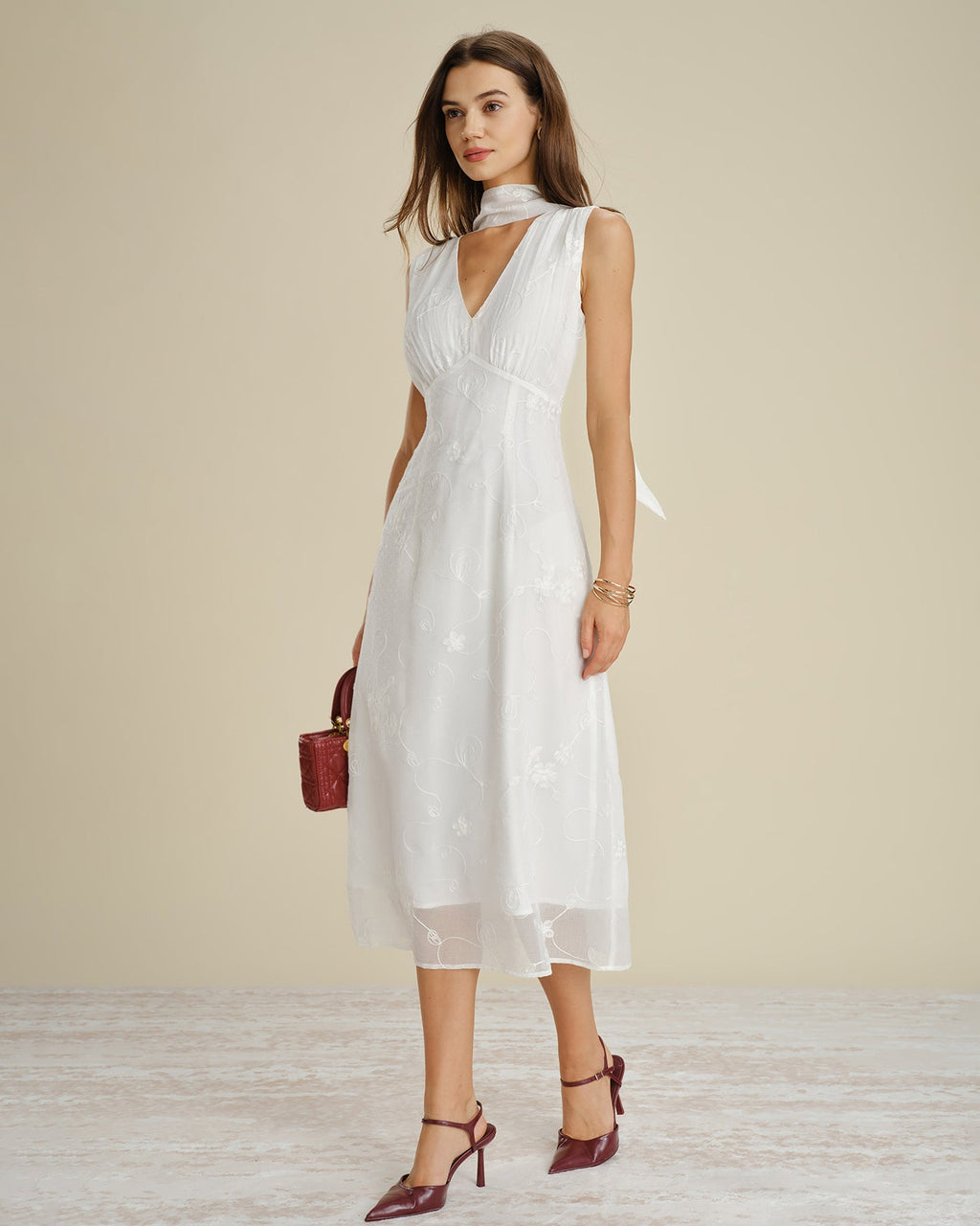 White V Neck Floral Embroidery Midi Dress