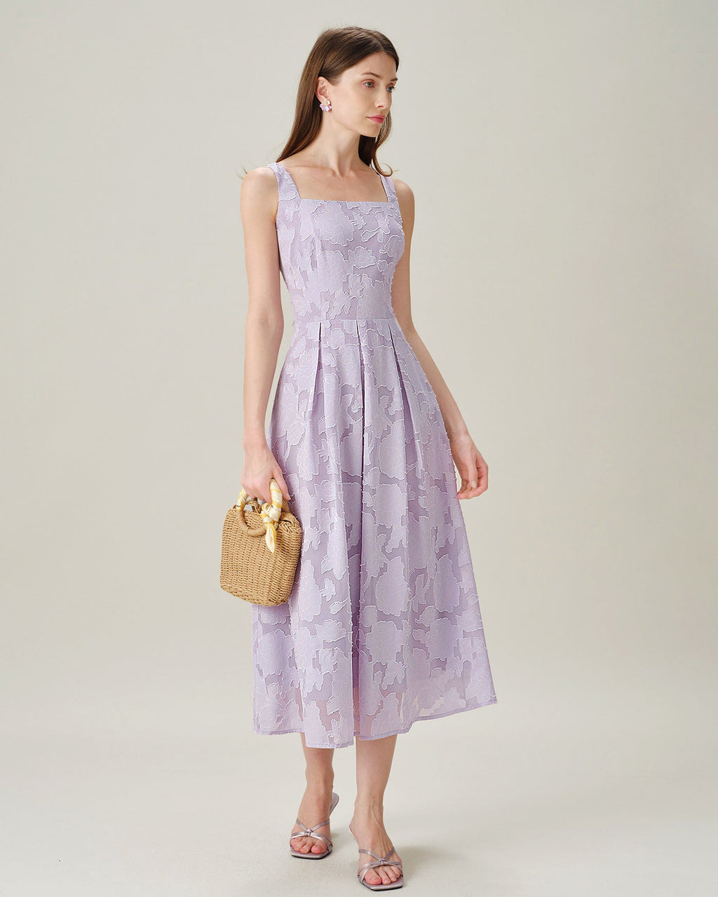 Purple Square Neck Tie Jacquard Midi Dress