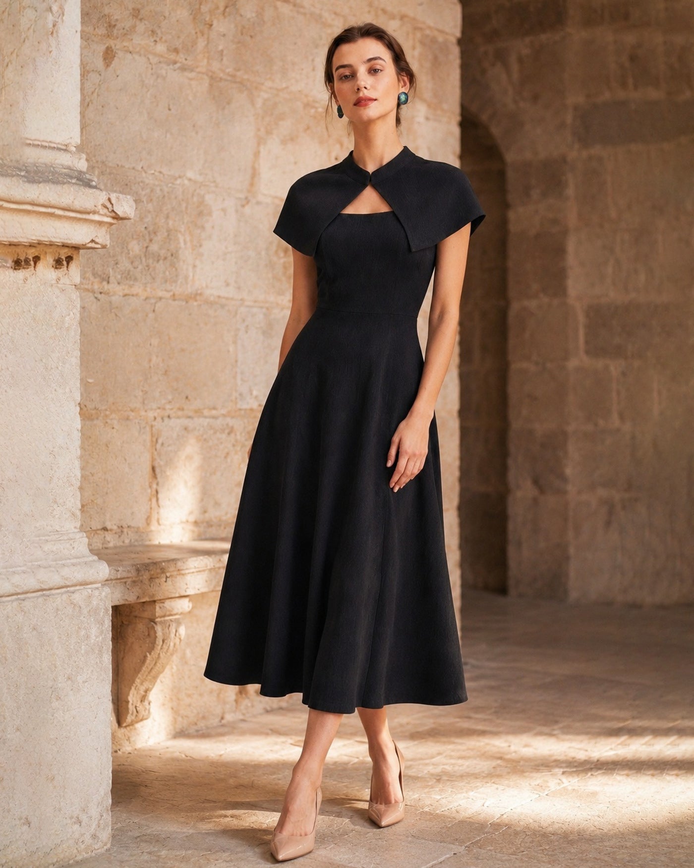 Black Square Neck Sleeveless Button Midi Dress