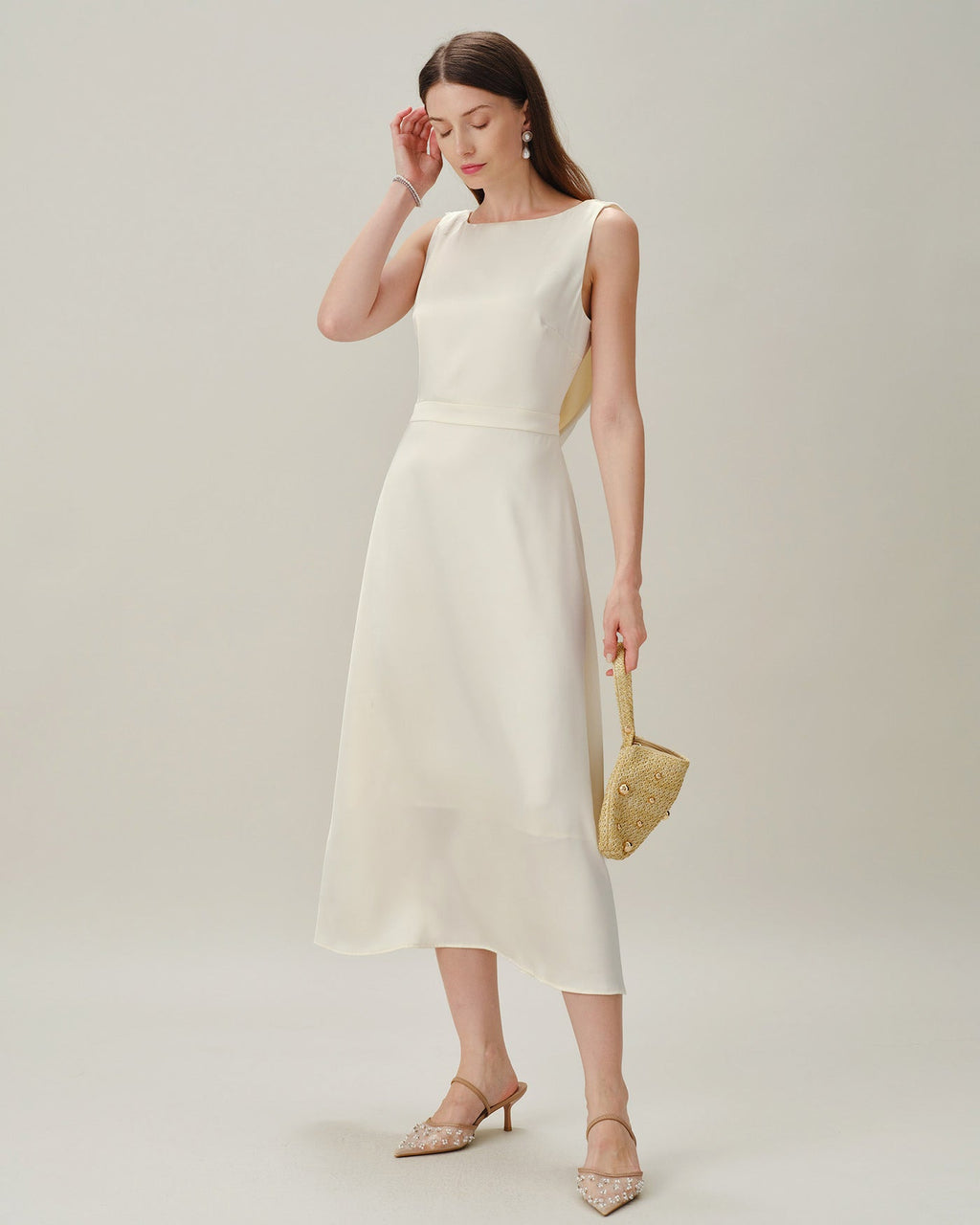Apricot Boat Neck Pearl Satin Midi Dress