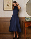 Navy Mock Neck Sleeveless Satin Midi Dress