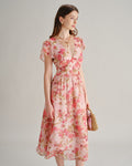 Pink V Neck Floral Chiffon Midi Dress