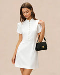 White Mandarin Collar Button Mini Dress