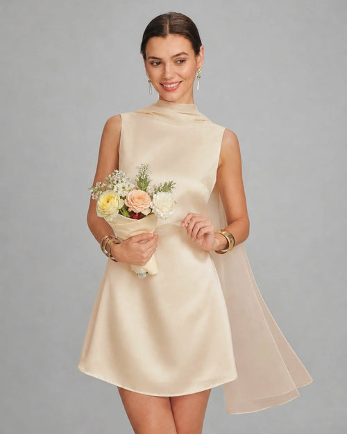 Apricot Boat Neck Tie Satin Mini Dress