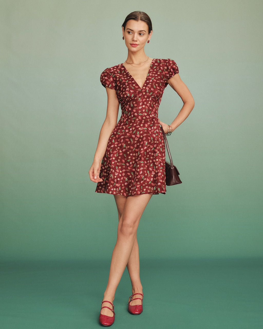 Red V Neck Jacquard Tunic Mini Dress