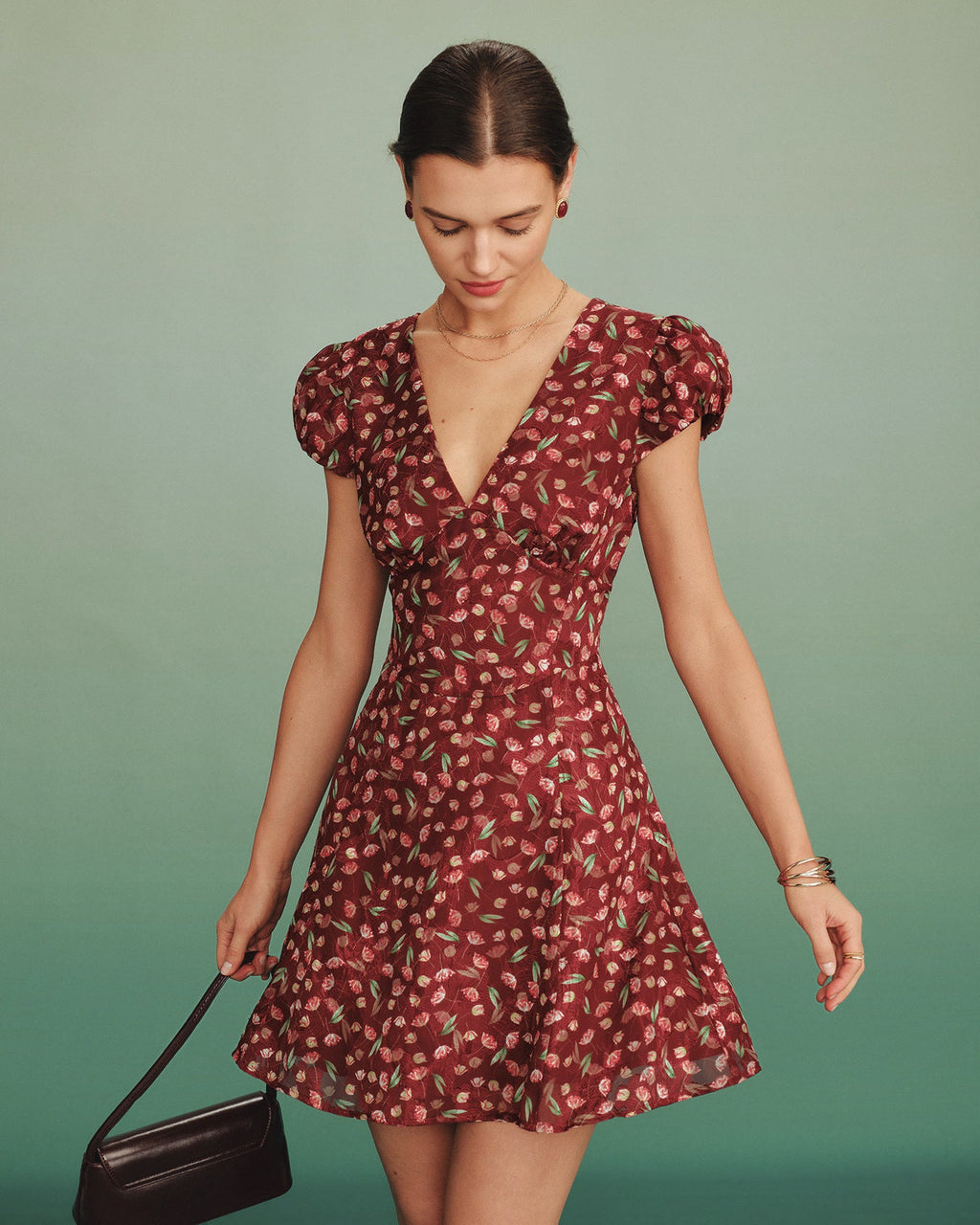 Red V Neck Jacquard Tunic Mini Dress
