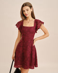 Wine Red Square Neck Jacquard Mini Dress