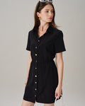 Black Collar Button Pockets Mini Dress