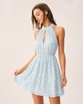 Blue Mock Neck Cut Out Floral Mini Dress