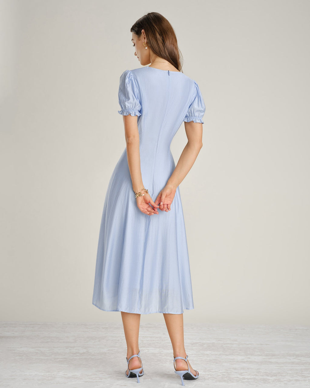 Blue V Neck Sheer Zipper Midi Dress