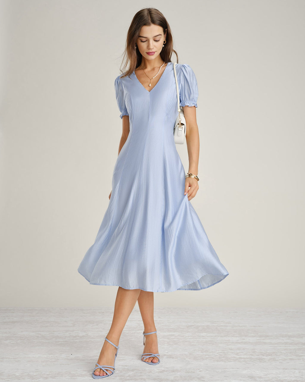 Blue V Neck Sheer Zipper Midi Dress