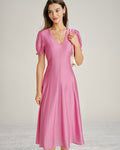Pink Puffed Sleeve Sheer Midi Dress