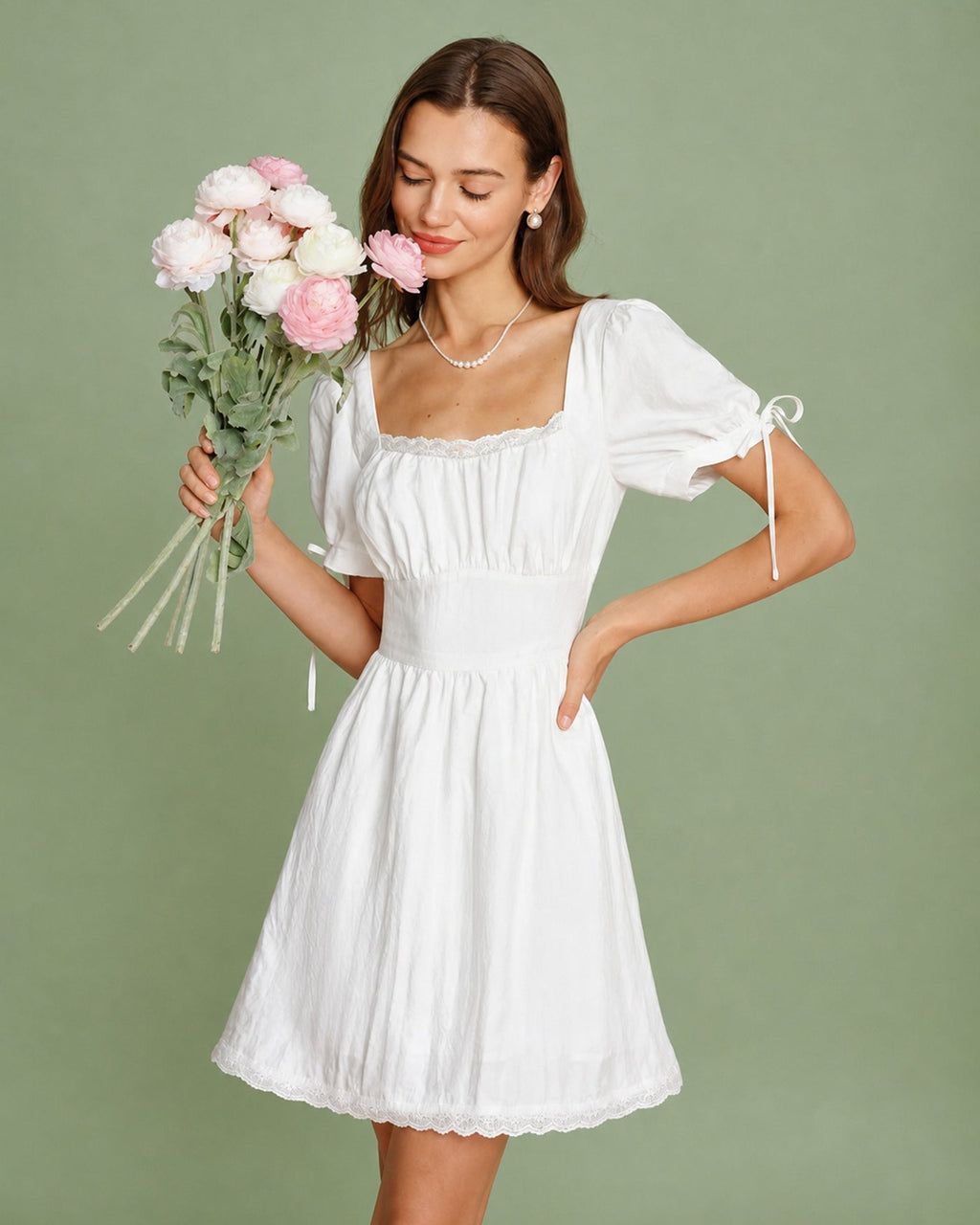 White Square Neck Lace Mini Dress